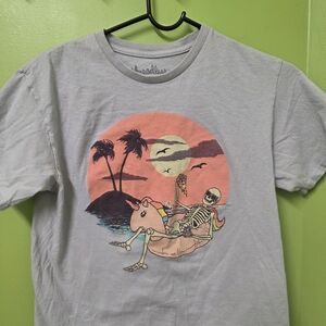 Graphic Tee with Skeleton and Sunset Design